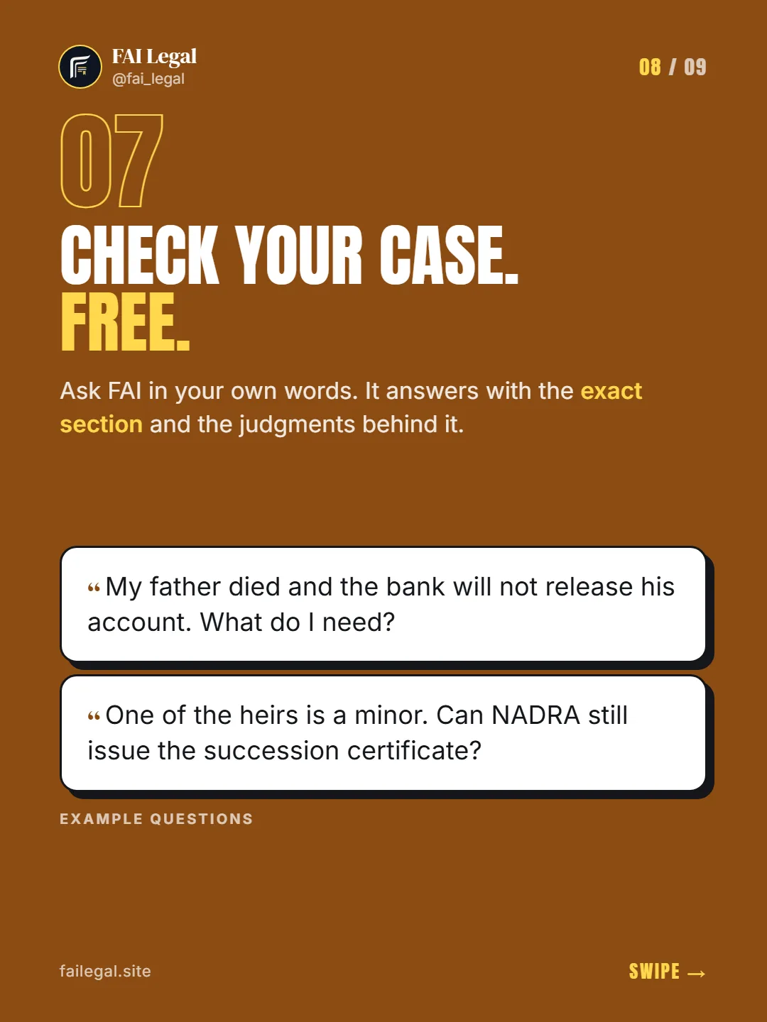 Check your case. Free. · Ask FAI in your own words. It answers with the exact section and the judgments behind it. · My father died and the bank will not release his account. What do I need? · One of the heirs is a minor. Can NADRA still issue the succession certificate?