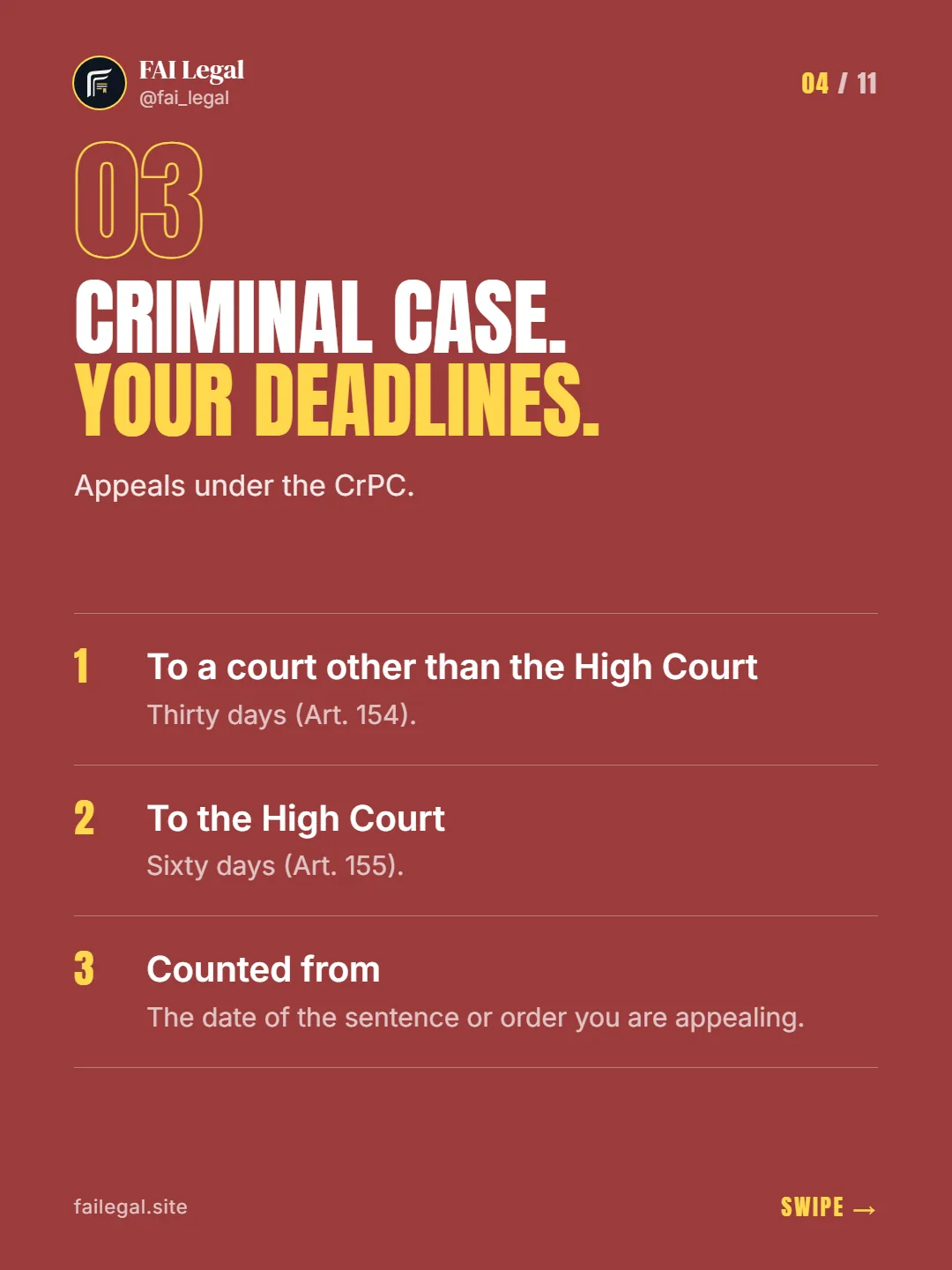 Criminal case. Your deadlines. · Appeals under the CrPC. · To a court other than the High Court · To the High Court · Counted from