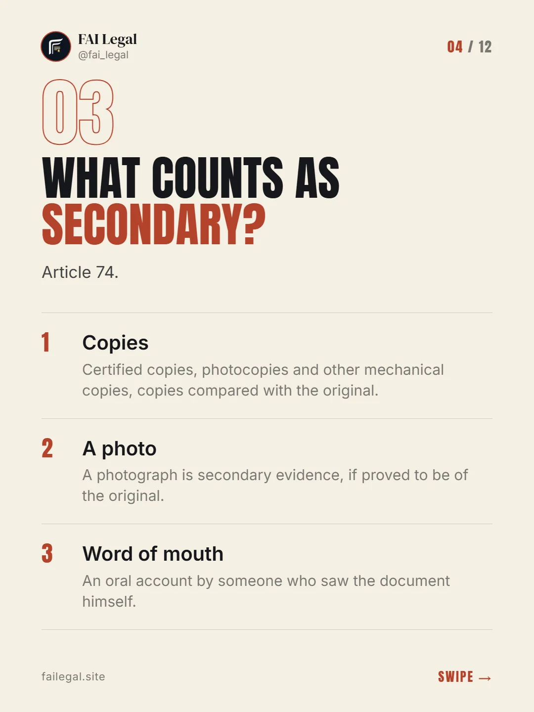 What counts as secondary? · Article 74. · Copies · A photo · Word of mouth
