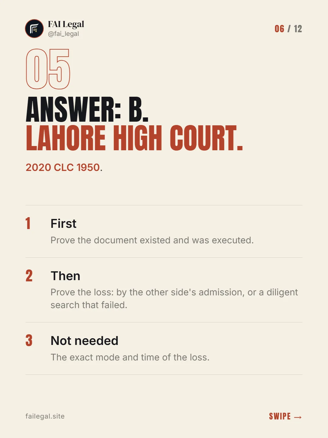 Answer: B. Lahore High Court. · 2020 CLC 1950. · First · Then · Not needed