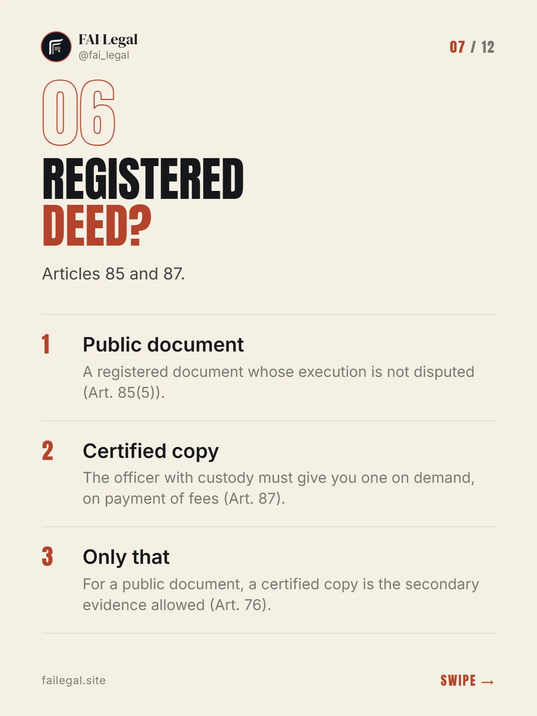 Registered deed? · Articles 85 and 87. · Public document · Certified copy · Only that