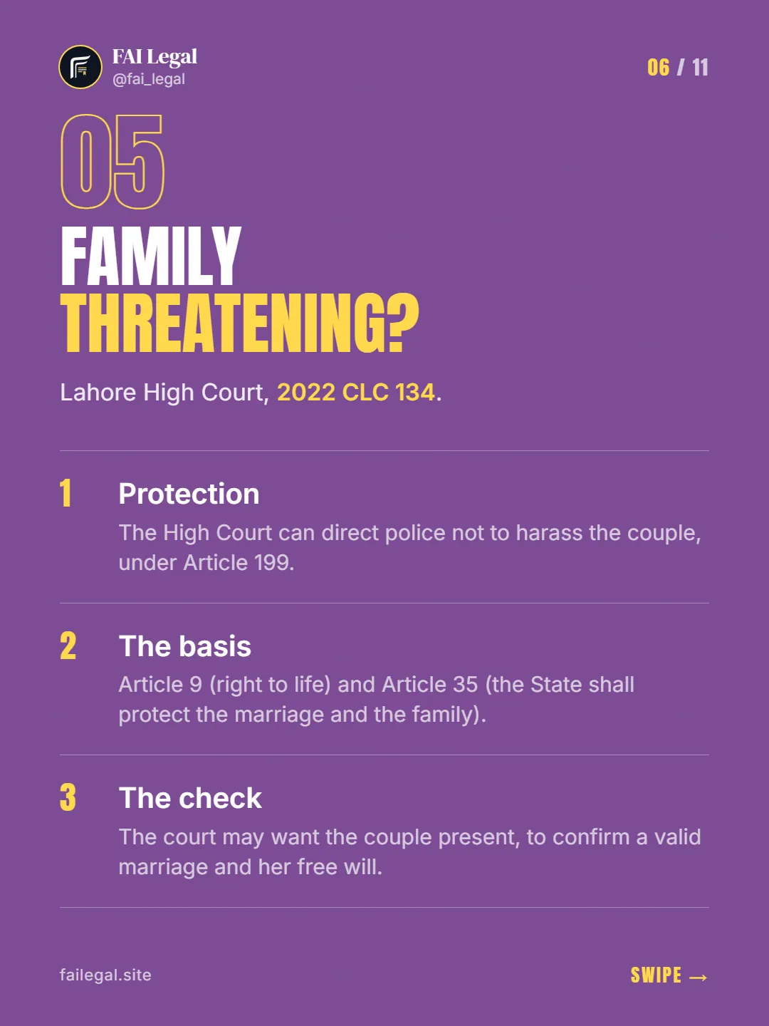Family threatening? · Lahore High Court, 2022 CLC 134. · Protection · The basis · The check