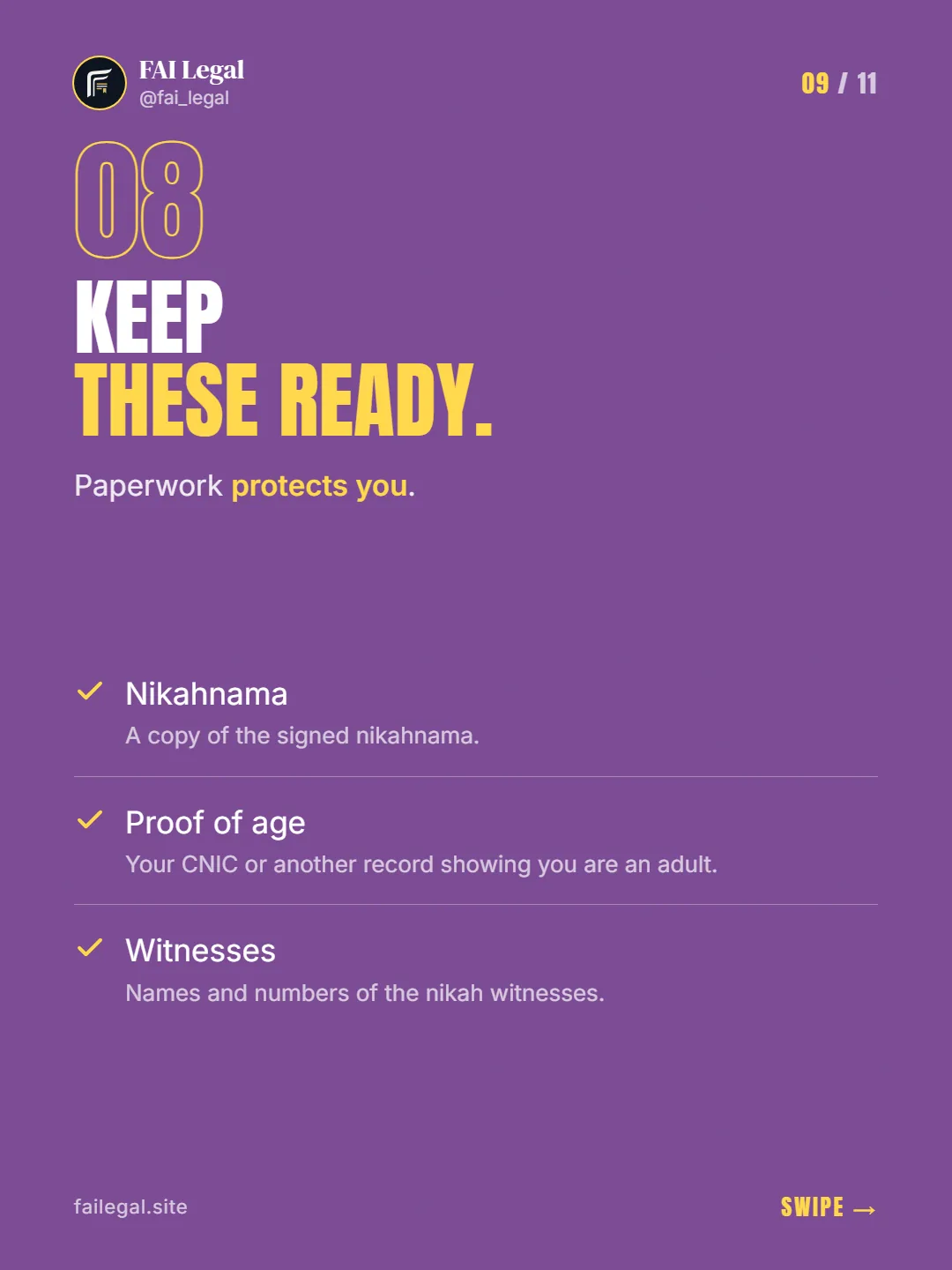 Keep these ready. · Paperwork protects you. · Nikahnama · Proof of age · Witnesses