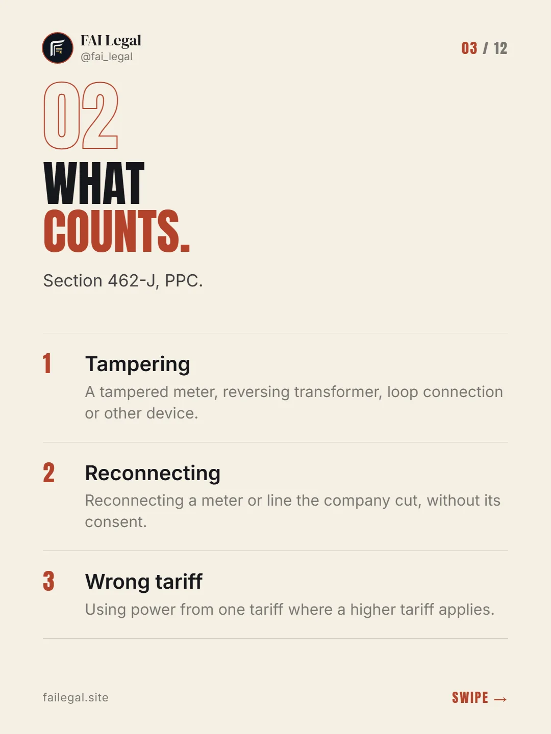 What counts. · Section 462-J, PPC. · Tampering · Reconnecting · Wrong tariff