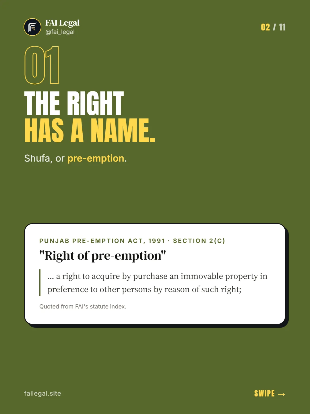 The right has a name. · Shufa, or pre-emption. · Punjab Pre-emption Act, 1991 · Section 2(c)
