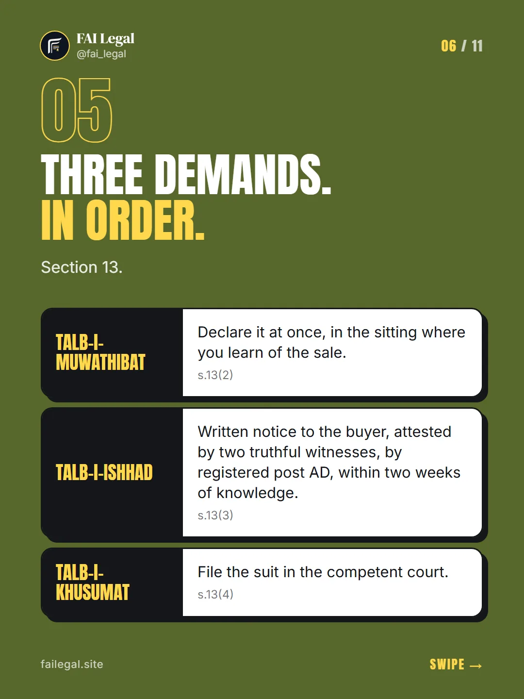 Three demands. In order. · Section 13. · Talb-i-muwathibat · Talb-i-ishhad · Talb-i-khusumat
