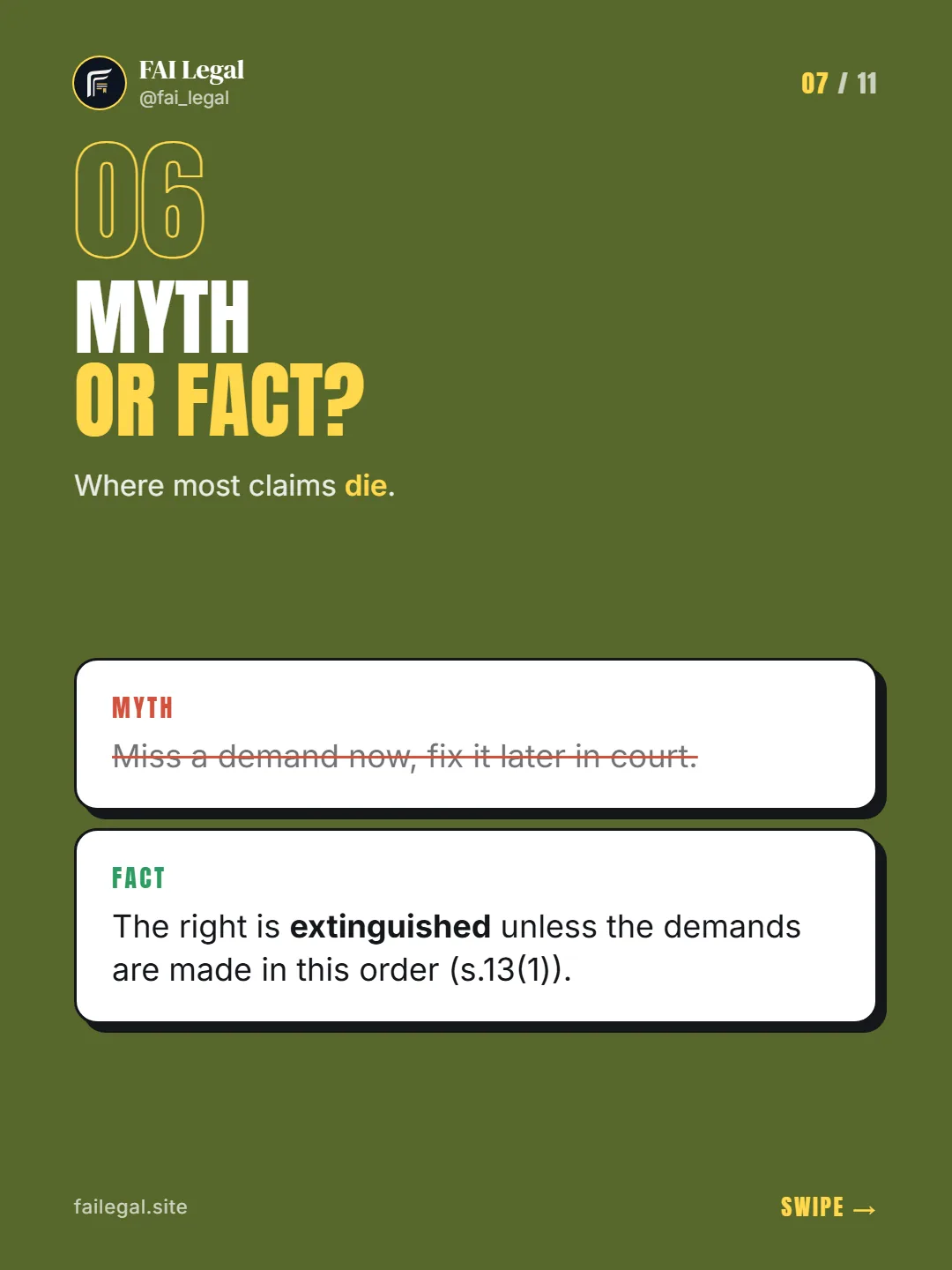 Myth or fact? · Where most claims die. · Myth: Miss a demand now, fix it later in court. · Fact: The right is extinguished unless the demands are made in this order (s.13(1)).