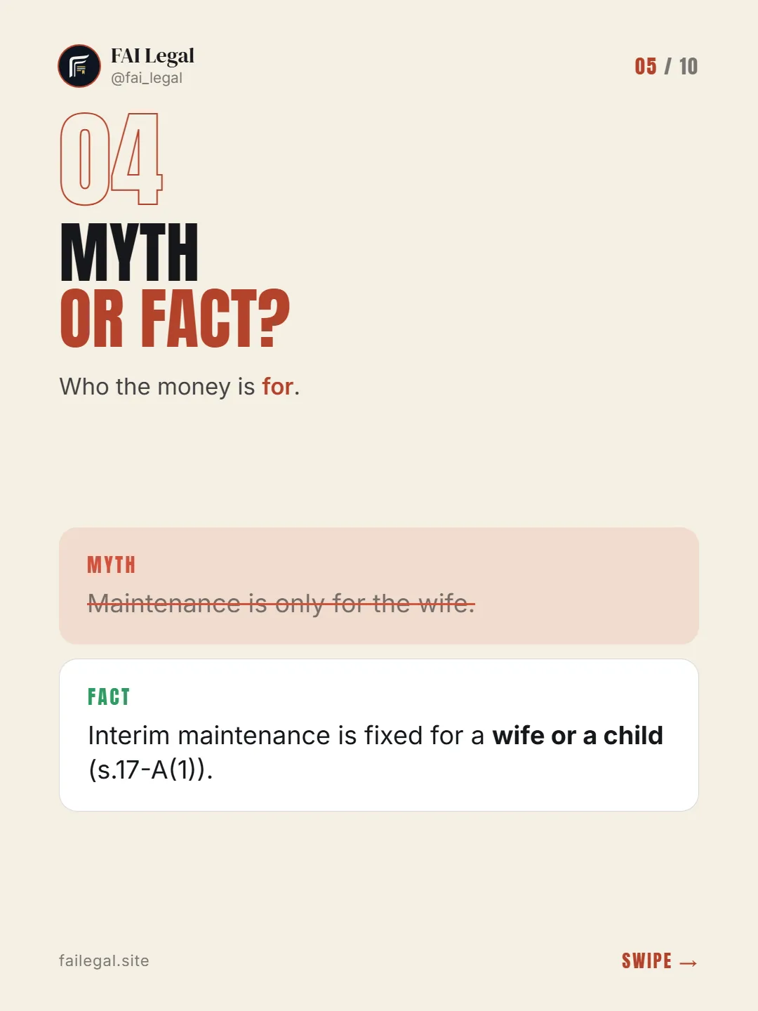 Myth or fact? · Who the money is for. · Myth: Maintenance is only for the wife. · Fact: Interim maintenance is fixed for a wife or a child (s.17-A(1)).