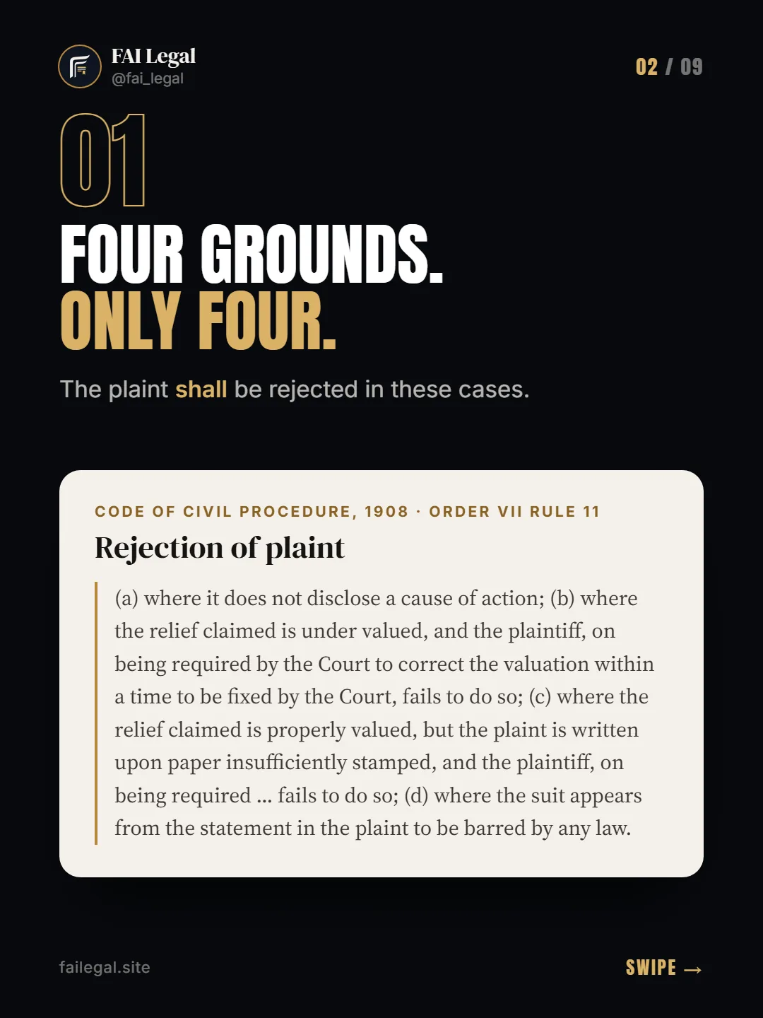 Four grounds. Only four. · The plaint shall be rejected in these cases. · Code of Civil Procedure, 1908 · Order VII Rule 11
