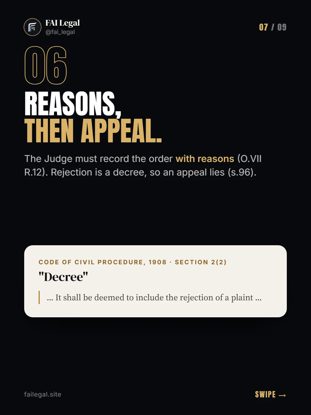 Reasons, then appeal. · The Judge must record the order with reasons (O.VII R.12). Rejection is a decree, so an appeal lies (s.96). · Code of Civil Procedure, 1908 · Section 2(2)