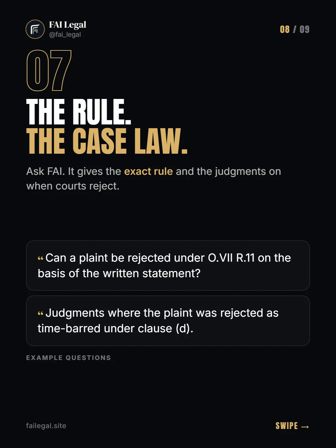The rule. The case law. · Ask FAI. It gives the exact rule and the judgments on when courts reject. · Can a plaint be rejected under O.VII R.11 on the basis of the written statement? · Judgments where the plaint was rejected as time-barred under clause (d).