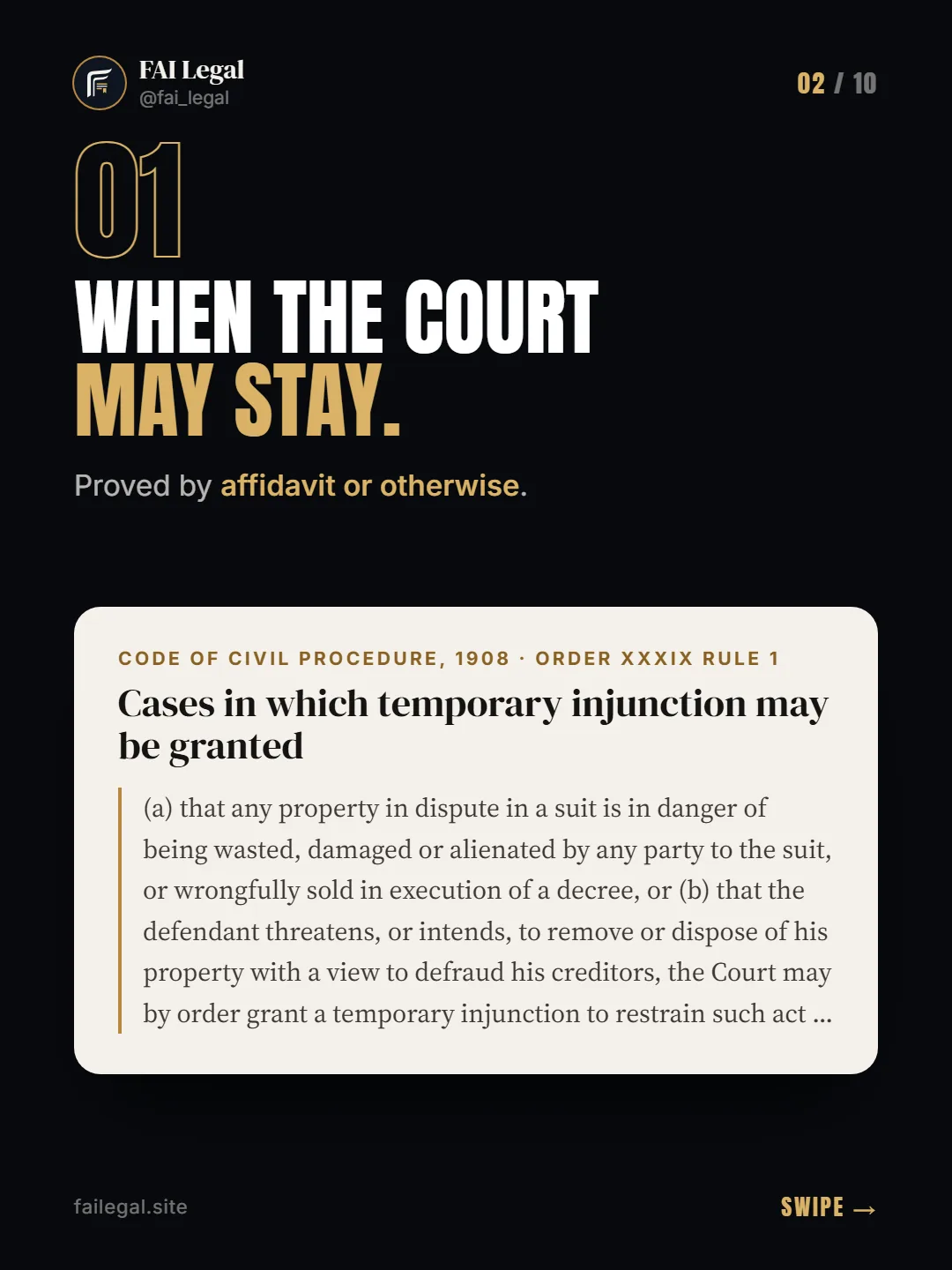 When the court may stay. · Proved by affidavit or otherwise. · Code of Civil Procedure, 1908 · Order XXXIX Rule 1
