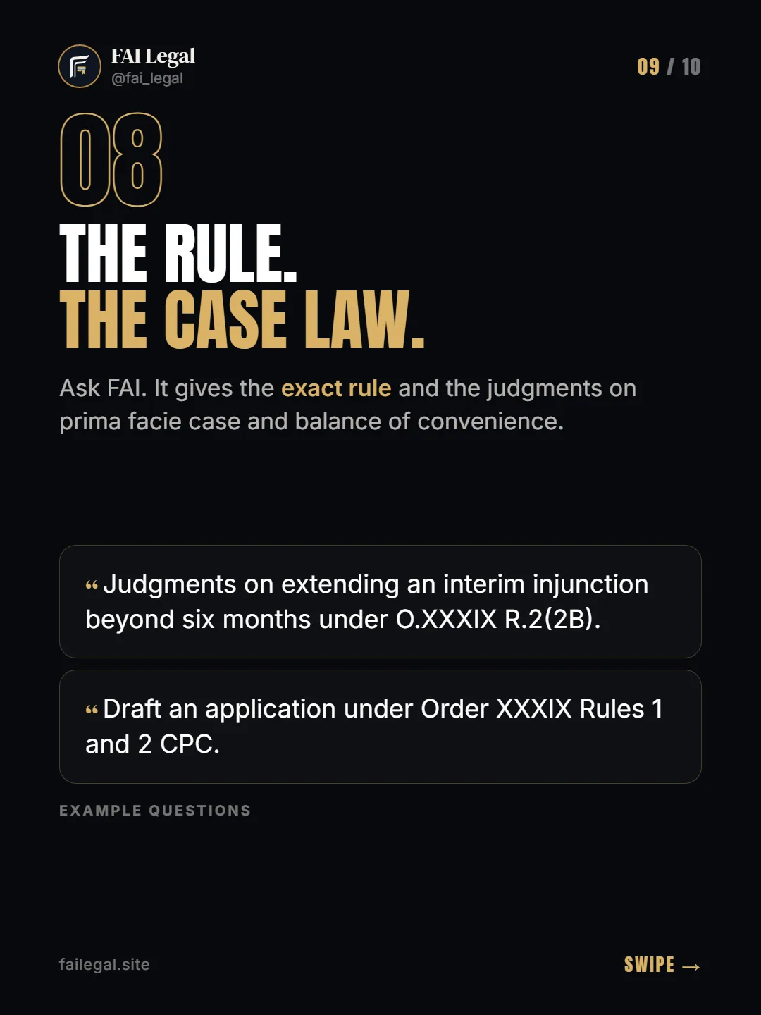 The rule. The case law. · Ask FAI. It gives the exact rule and the judgments on prima facie case and balance of convenience. · Judgments on extending an interim injunction beyond six months under O.XXXIX R.2(2B). · Draft an application under Order XXXIX Rules 1 and 2 CPC.
