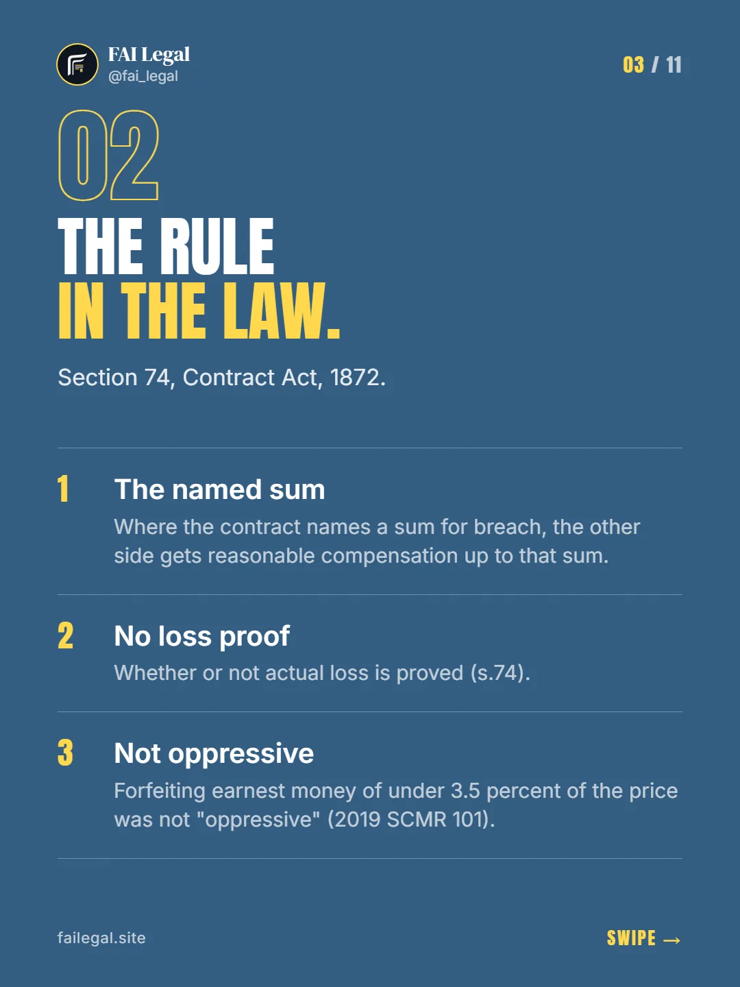 The rule in the law. · Section 74, Contract Act, 1872. · The named sum · No loss proof · Not oppressive