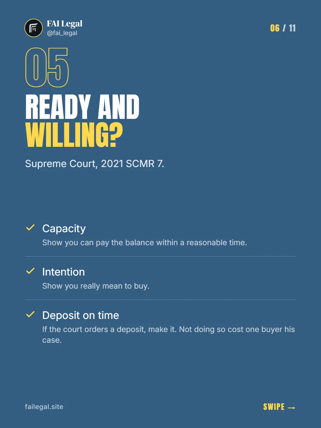 Ready and willing? · Supreme Court, 2021 SCMR 7. · Capacity · Intention · Deposit on time