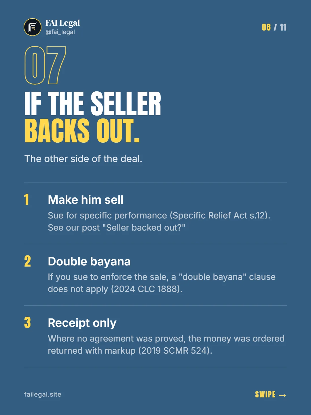If the seller backs out. · The other side of the deal. · Make him sell · Double bayana · Receipt only