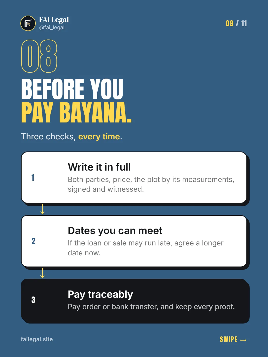 Before you pay bayana. · Three checks, every time. · Write it in full · Dates you can meet · Pay traceably