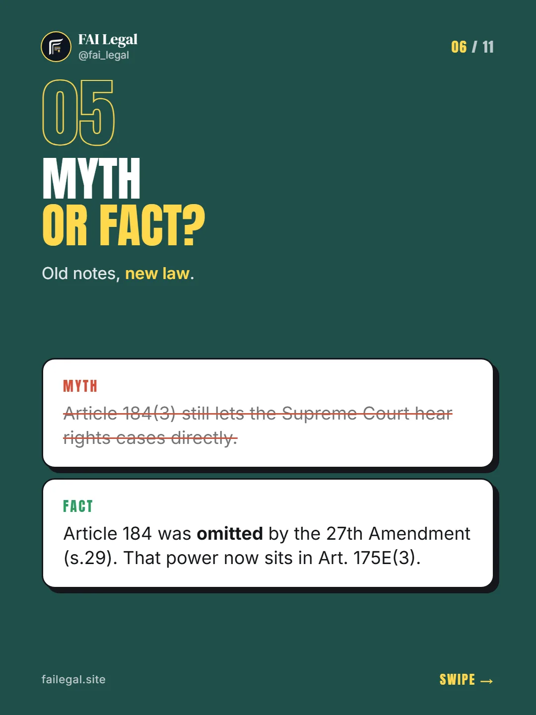 Myth or fact? · Old notes, new law. · Myth: Article 184(3) still lets the Supreme Court hear rights cases directly. · Fact: Article 184 was omitted by the 27th Amendment (s.29). That power now sits in Art. 175E(3).