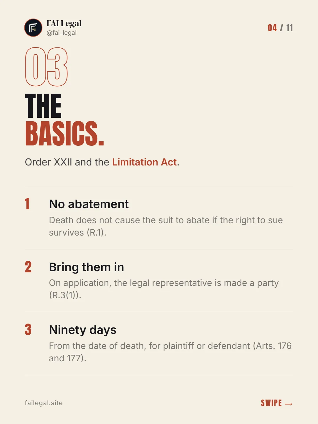The basics. · Order XXII and the Limitation Act. · No abatement · Bring them in · Ninety days