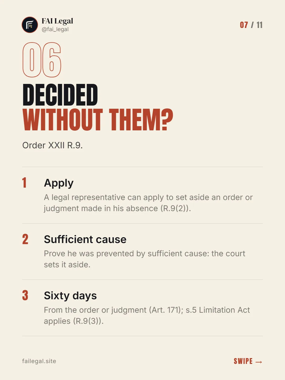 Decided without them? · Order XXII R.9. · Apply · Sufficient cause · Sixty days