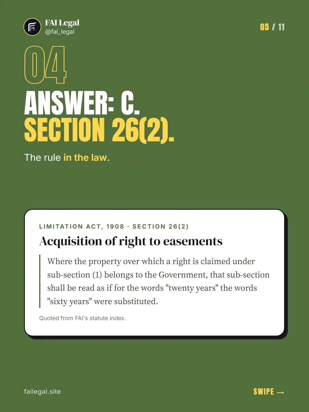 Answer: C. Section 26(2). · The rule in the law. · Limitation Act, 1908 · Section 26(2)