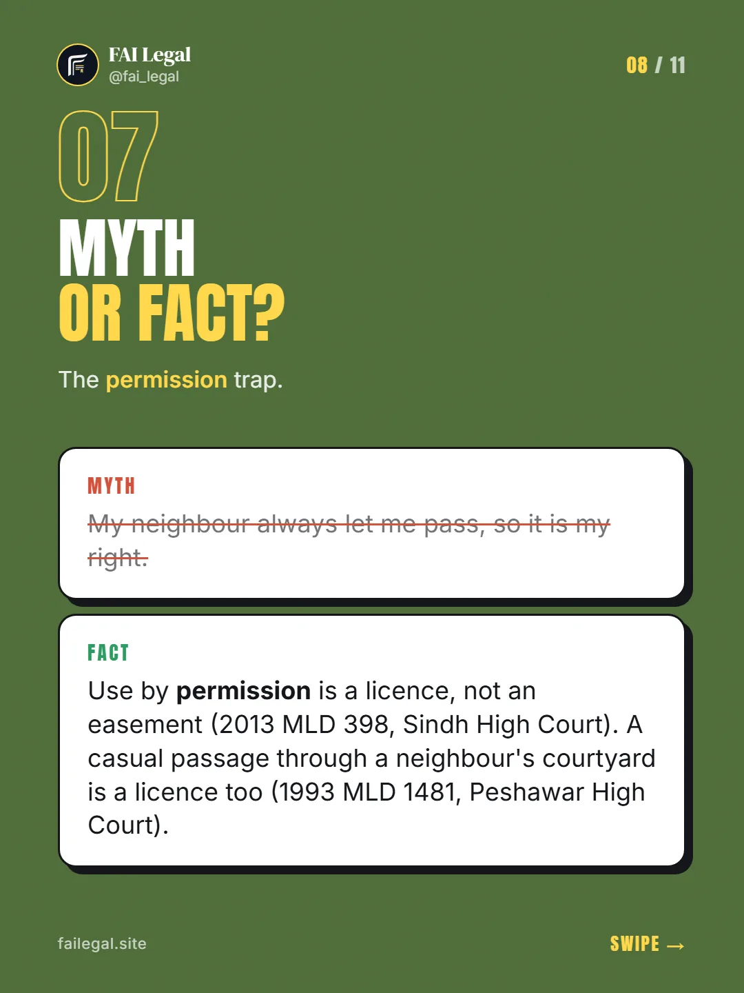 Myth or fact? · The permission trap. · Myth: My neighbour always let me pass, so it is my right. · Fact: Use by permission is a licence, not an easement (2013 MLD 398, Sindh High Court). A casual passage through a neighbour's courtyard is a licence too (1993 MLD 1481, Peshawar High Court).