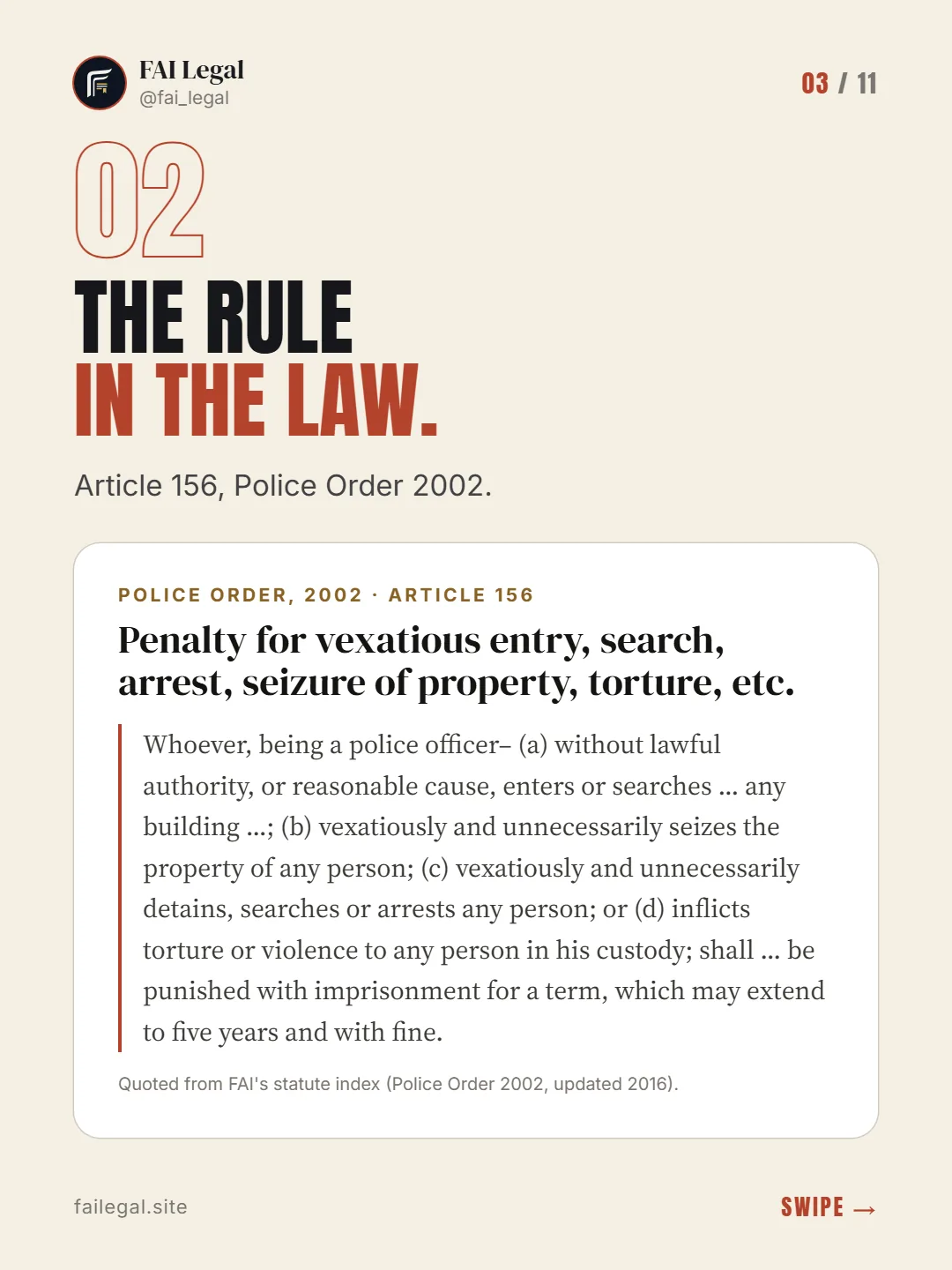 The rule in the law. · Article 156, Police Order 2002. · Police Order, 2002 · Article 156