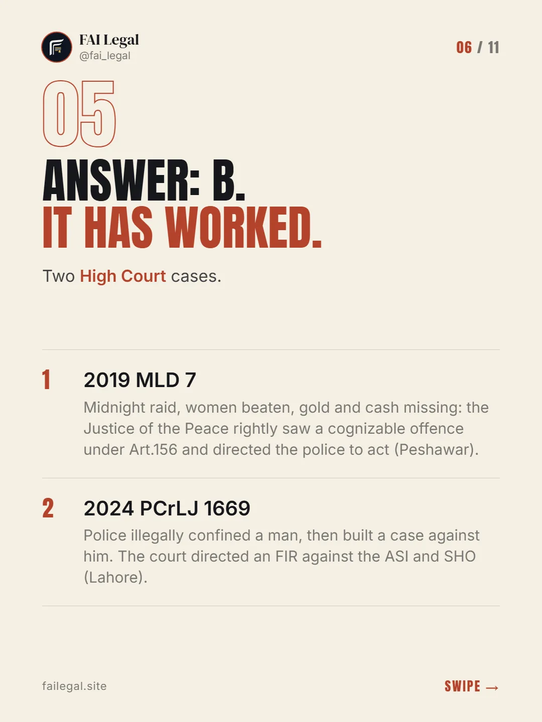 Answer: B. It has worked. · Two High Court cases. · 2019 MLD 7 · 2024 PCrLJ 1669