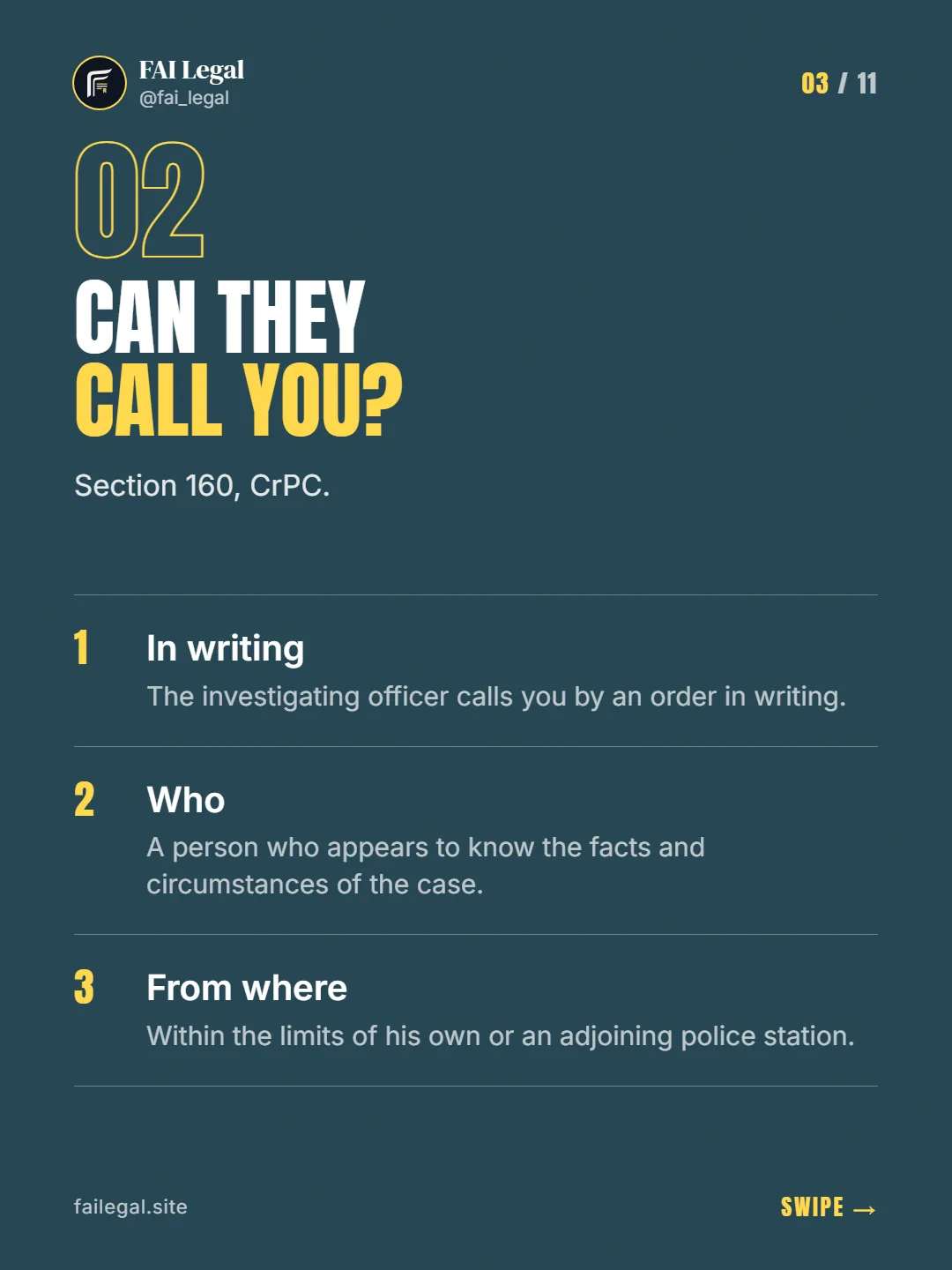 Can they call you? · Section 160, CrPC. · In writing · Who · From where