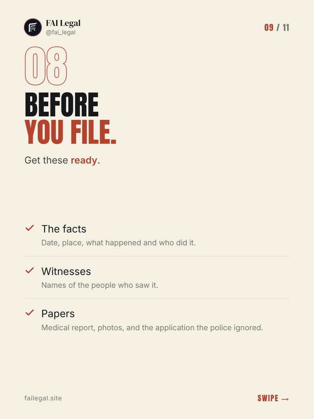 Before you file. · Get these ready. · The facts · Witnesses · Papers
