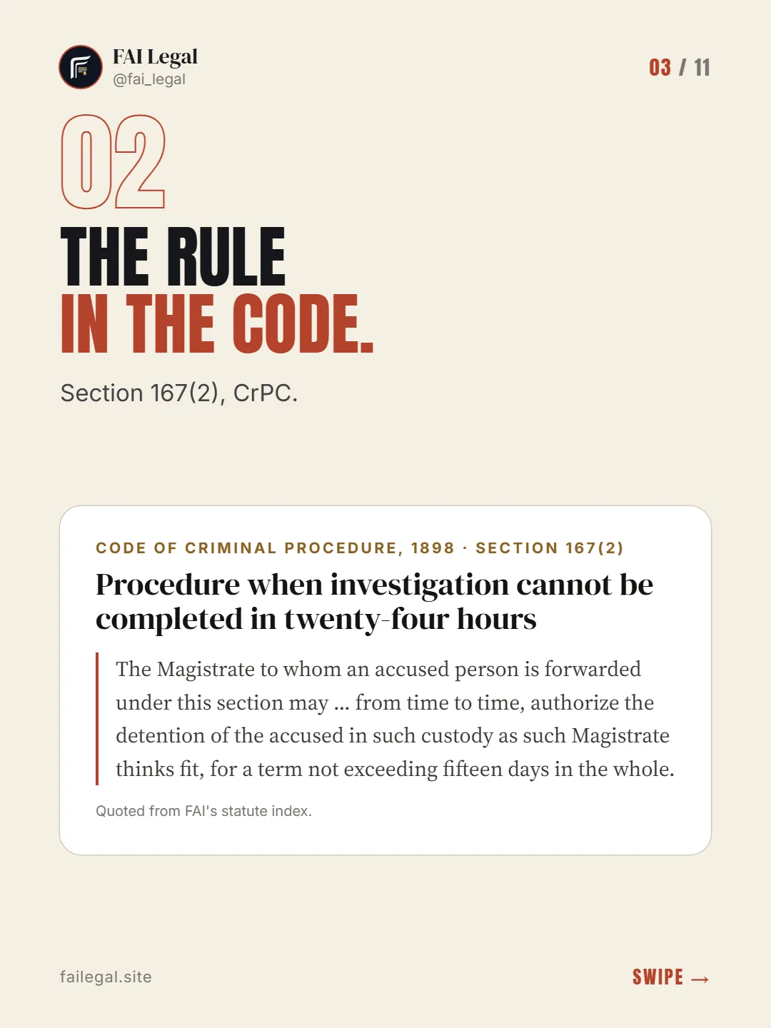 The rule in the Code. · Section 167(2), CrPC. · Code of Criminal Procedure, 1898 · Section 167(2)