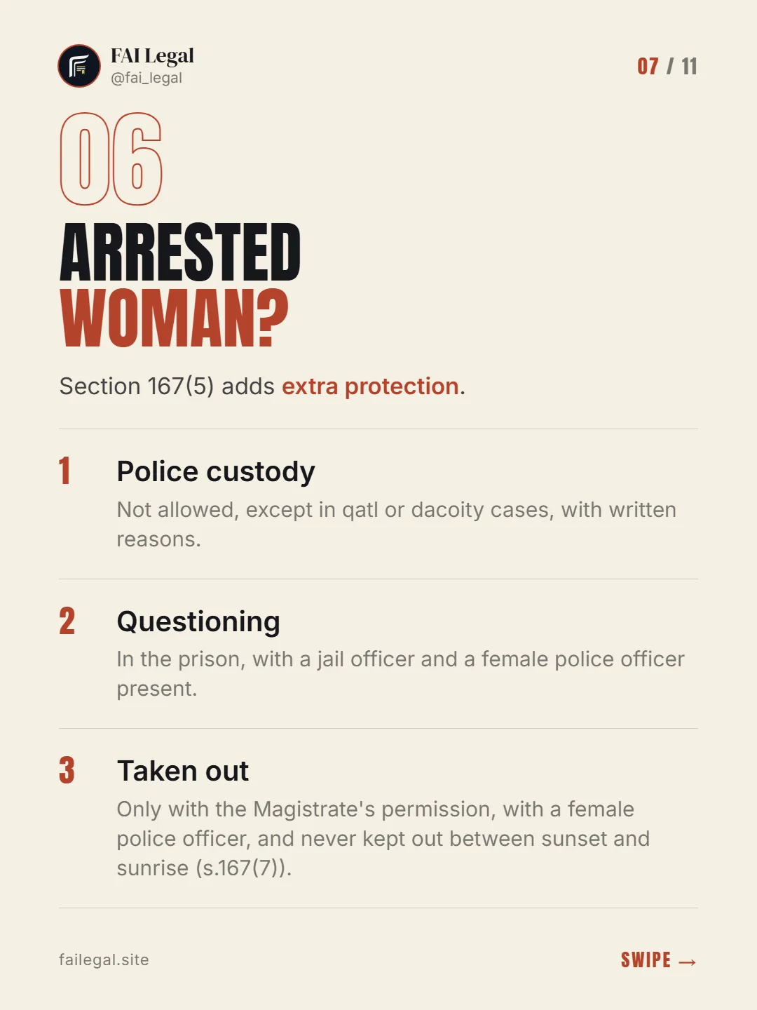 Arrested woman? · Section 167(5) adds extra protection. · Police custody · Questioning · Taken out
