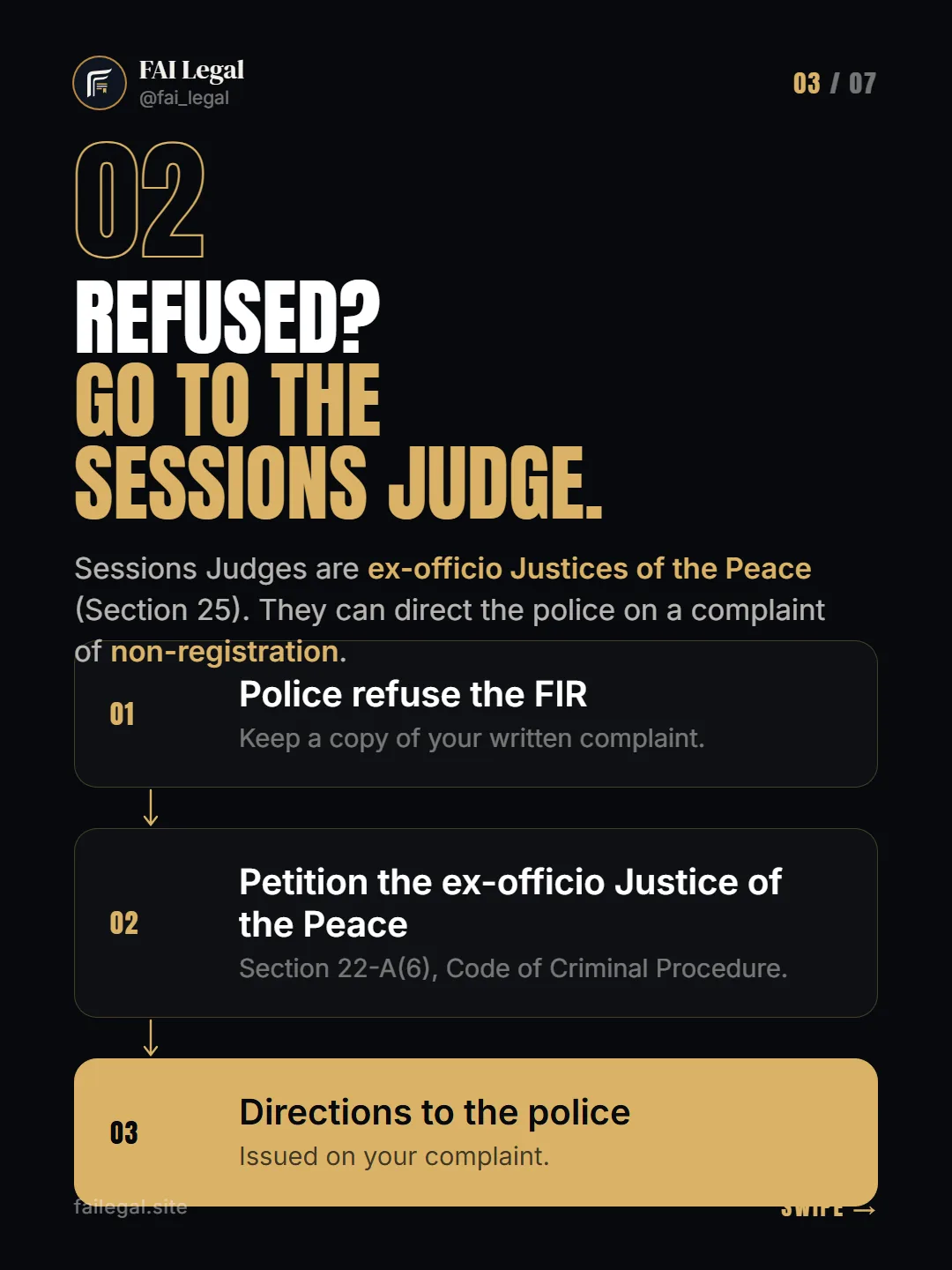 Refused? Go to the Sessions Judge. · Sessions Judges are ex-officio Justices of the Peace (Section 25). They can direct the police on a complaint of non-registration. · Police refuse the FIR · Petition the ex-officio Justice of the Peace · Directions to the police