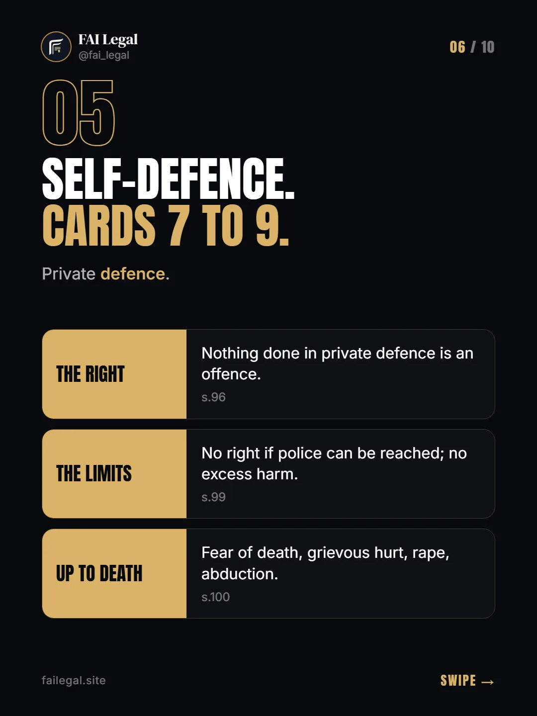 Self-defence. Cards 7 to 9. · Private defence. · The right · The limits · Up to death