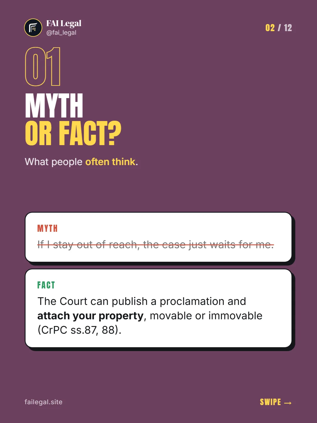 Myth or fact? · What people often think. · Myth: If I stay out of reach, the case just waits for me. · Fact: The Court can publish a proclamation and attach your property, movable or immovable (CrPC ss.87, 88).