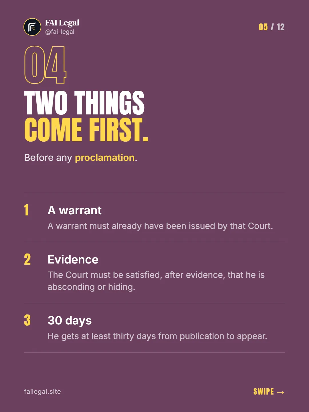 Two things come first. · Before any proclamation. · A warrant · Evidence · 30 days