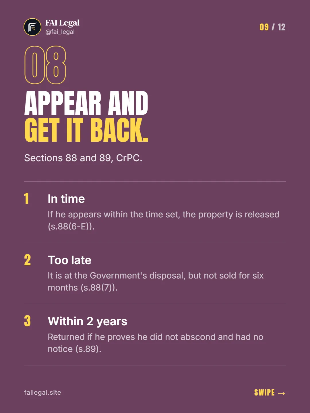 Appear and get it back. · Sections 88 and 89, CrPC. · In time · Too late · Within 2 years