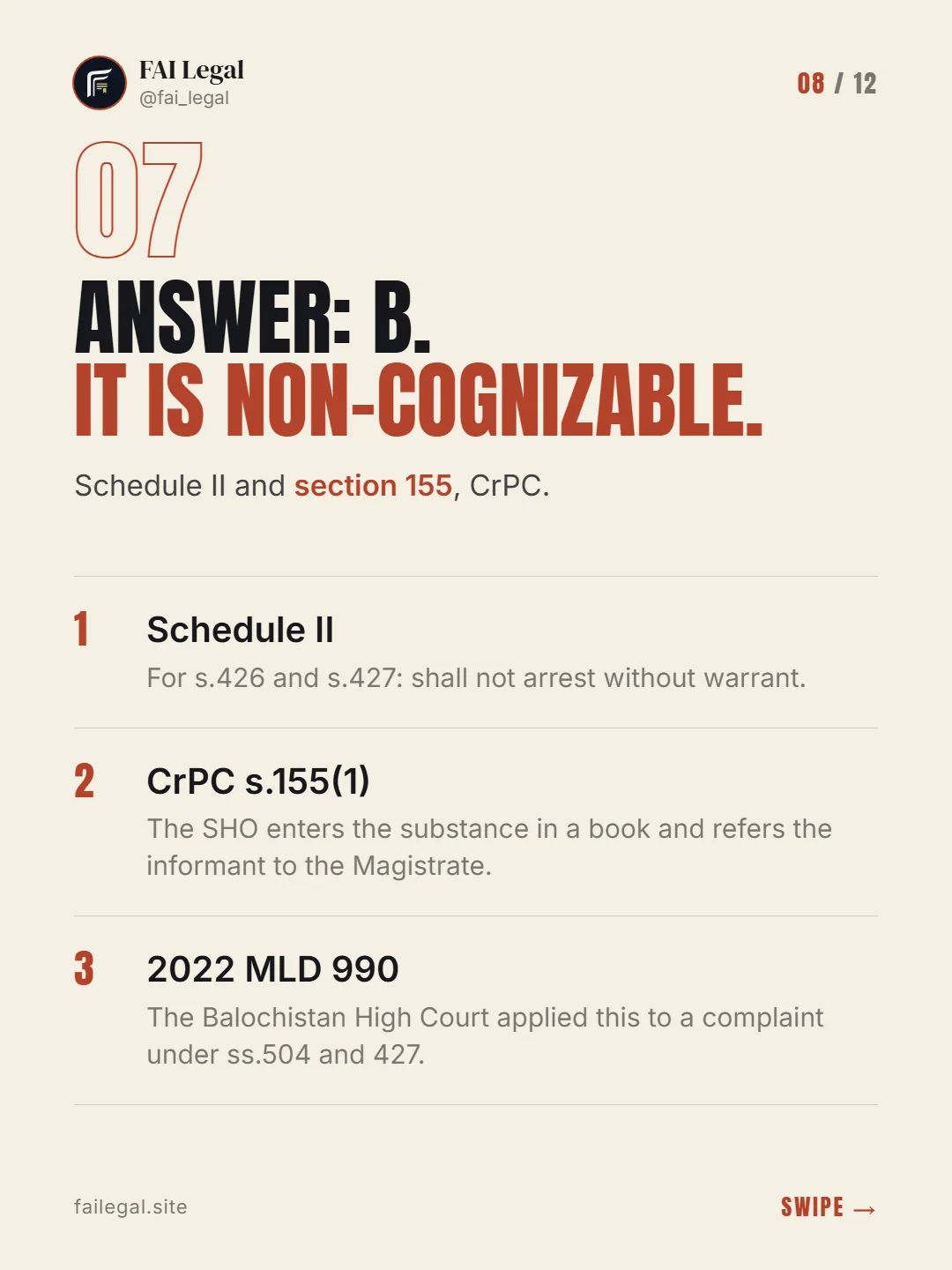 Answer: B. It is non-cognizable. · Schedule II and section 155, CrPC. · Schedule II · CrPC s.155(1) · 2022 MLD 990