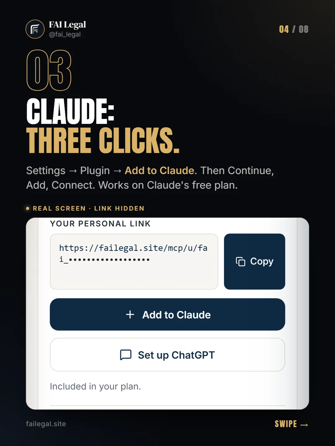 Claude: three clicks. · Settings → Plugin → Add to Claude. Then Continue, Add, Connect. Works on Claude's free plan.