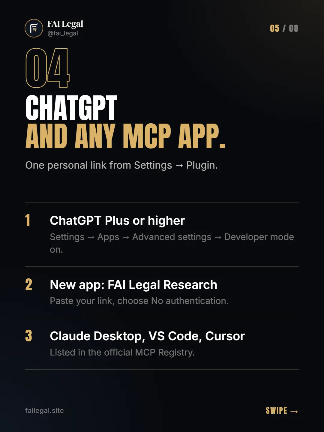 ChatGPT and any MCP app. · One personal link from Settings → Plugin. · ChatGPT Plus or higher · New app: FAI Legal Research · Claude Desktop, VS Code, Cursor