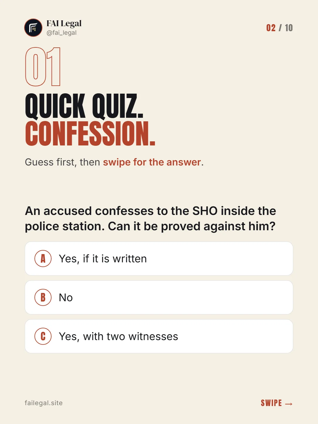 Quick quiz. Confession. · Guess first, then swipe for the answer. · A. Yes, if it is written · B. No · C. Yes, with two witnesses