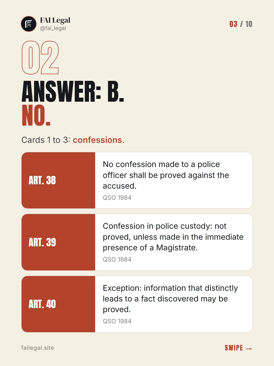 Answer: B. No. · Cards 1 to 3: confessions. · Art. 38 · Art. 39 · Art. 40