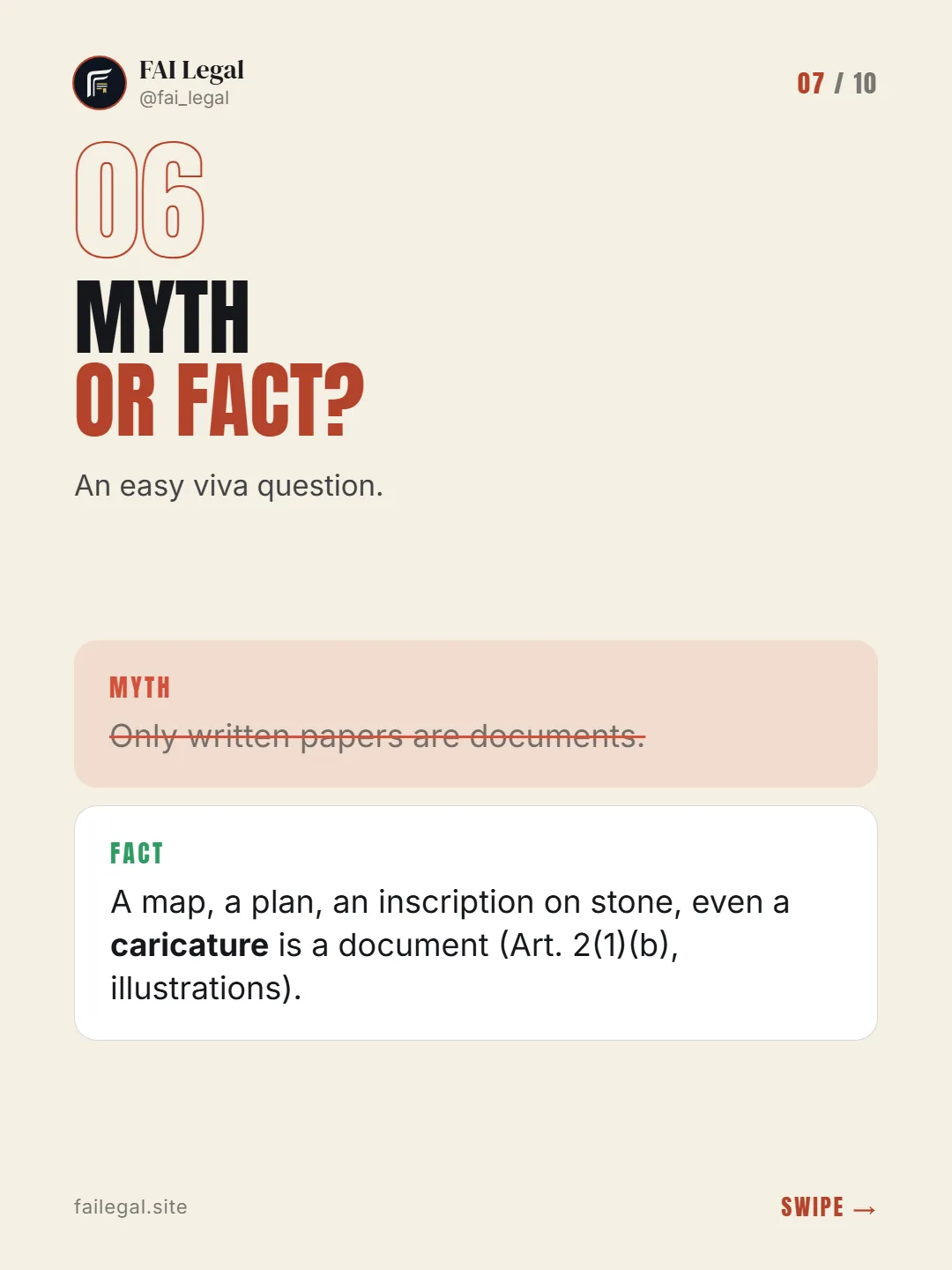 Myth or fact? · An easy viva question. · Myth: Only written papers are documents. · Fact: A map, a plan, an inscription on stone, even a caricature is a document (Art. 2(1)(b), illustrations).