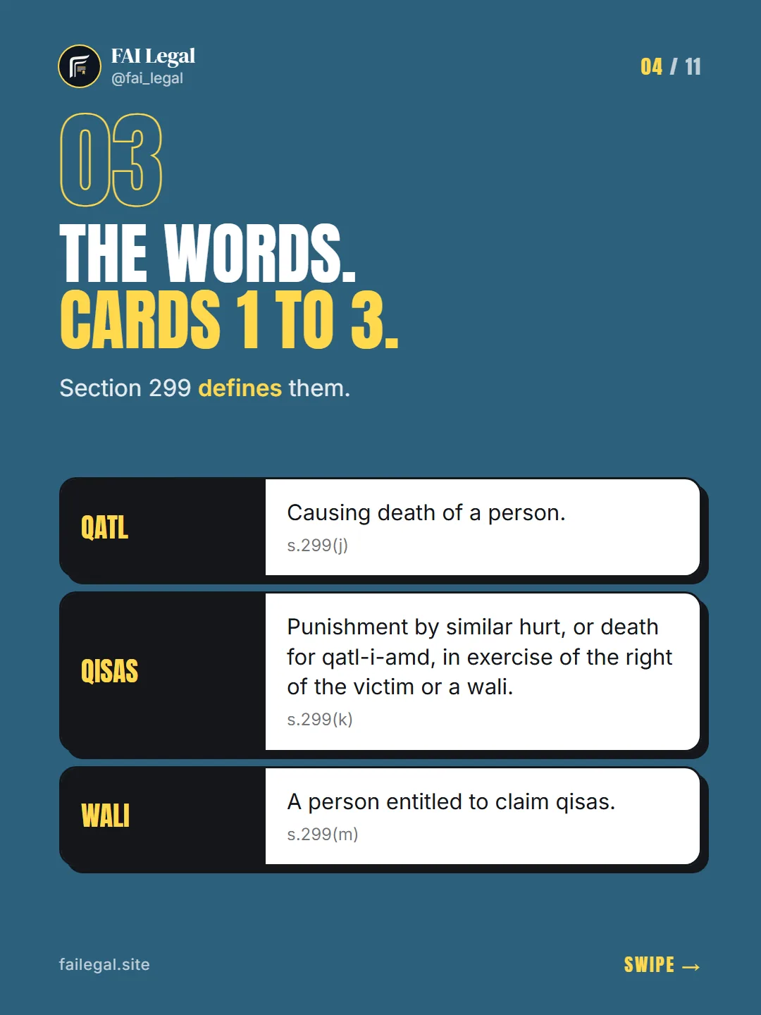 The words. Cards 1 to 3. · Section 299 defines them. · Qatl · Qisas · Wali
