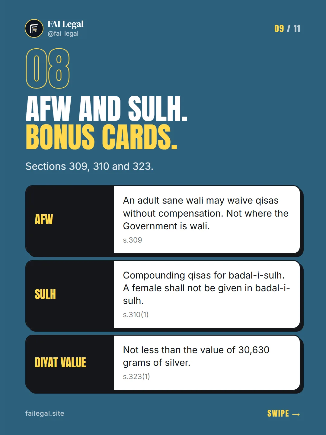 Afw and sulh. Bonus cards. · Sections 309, 310 and 323. · Afw · Sulh · Diyat value