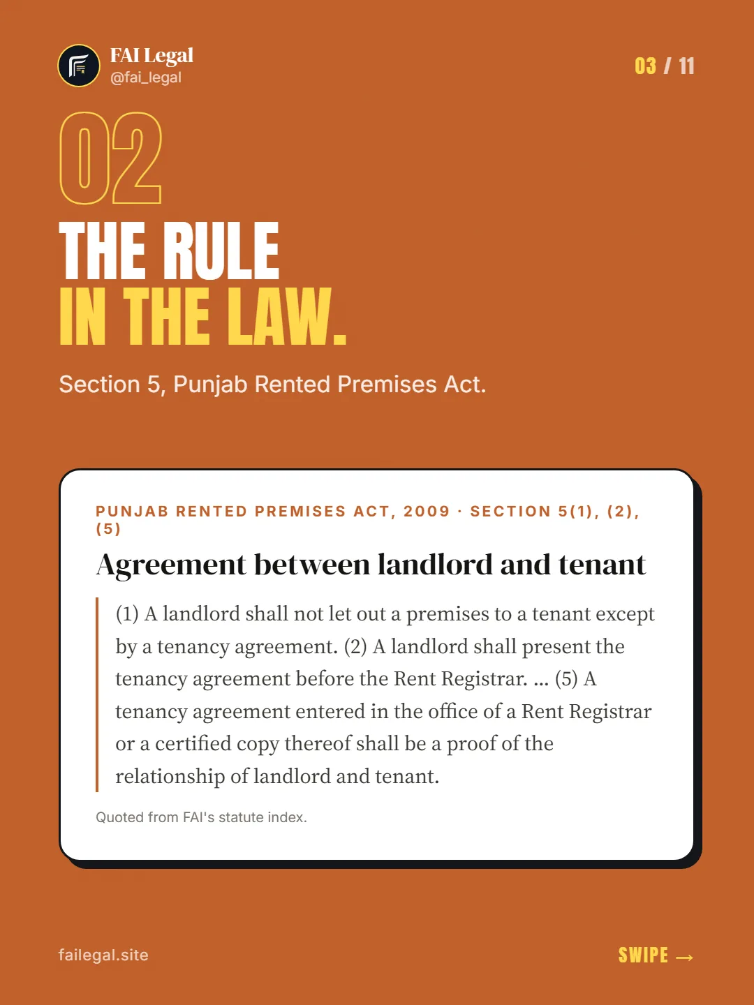 The rule in the law. · Section 5, Punjab Rented Premises Act. · Punjab Rented Premises Act, 2009 · Section 5(1), (2), (5)
