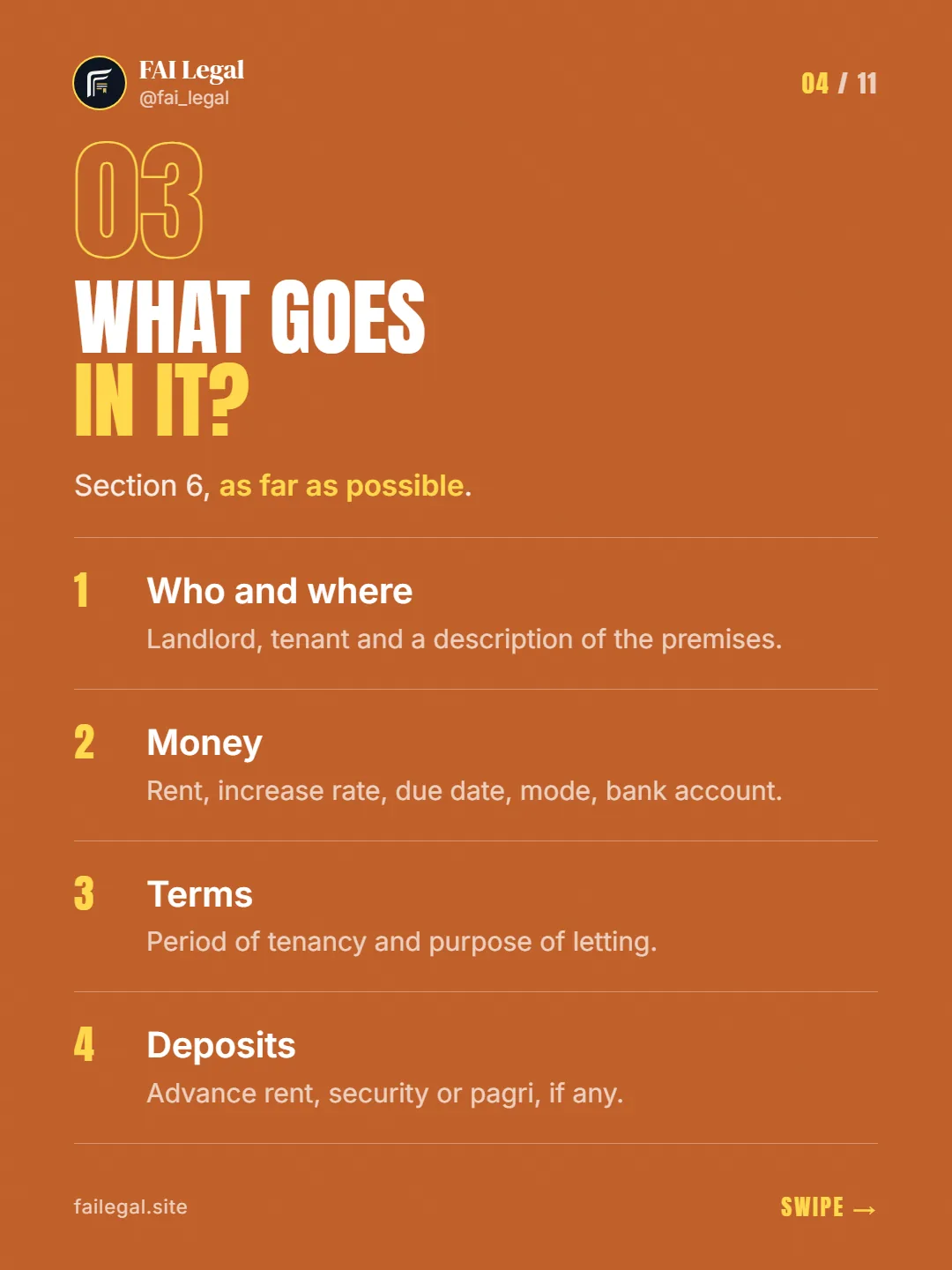 What goes in it? · Section 6, as far as possible. · Who and where · Money · Terms · Deposits