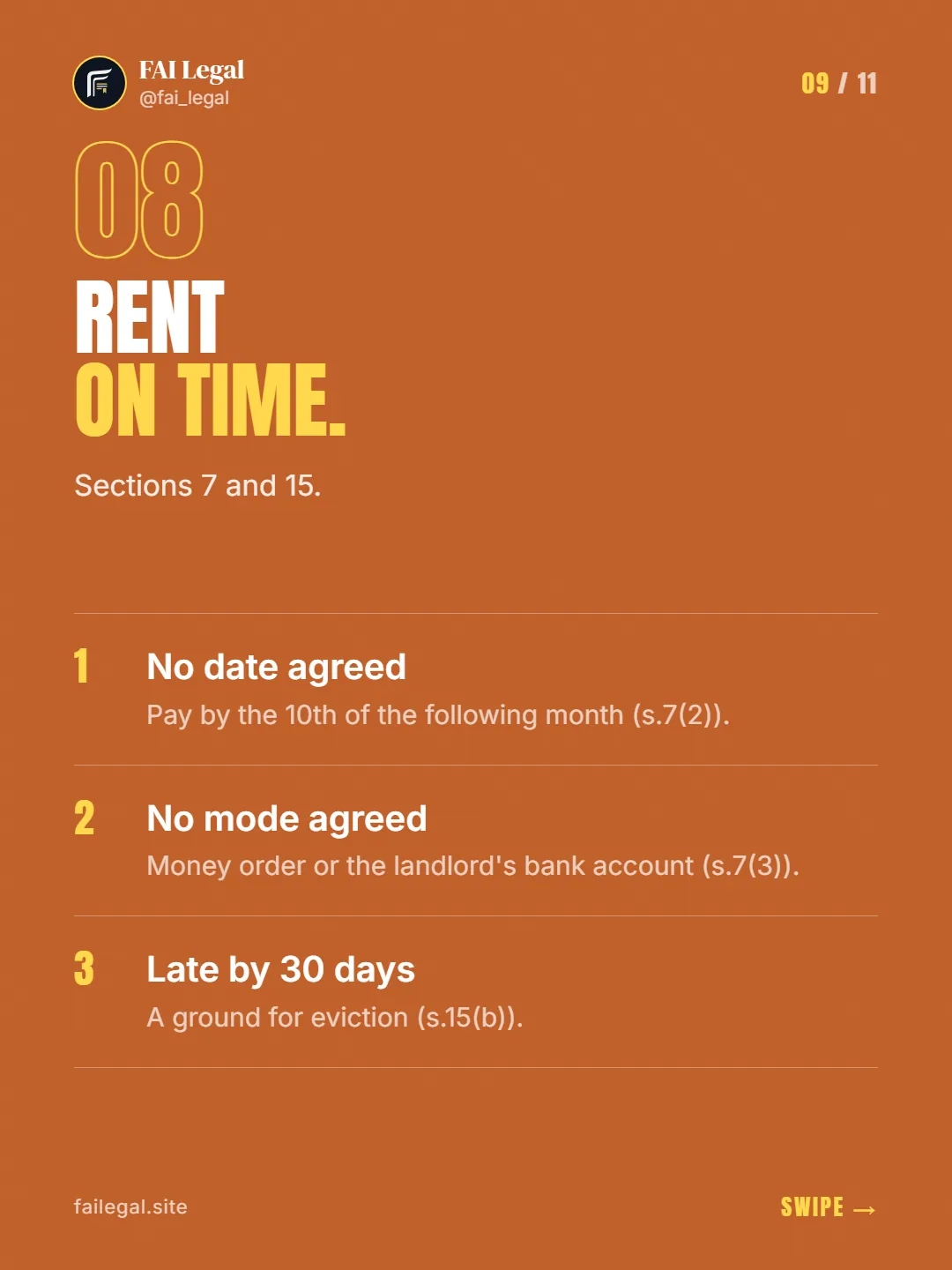 Rent on time. · Sections 7 and 15. · No date agreed · No mode agreed · Late by 30 days