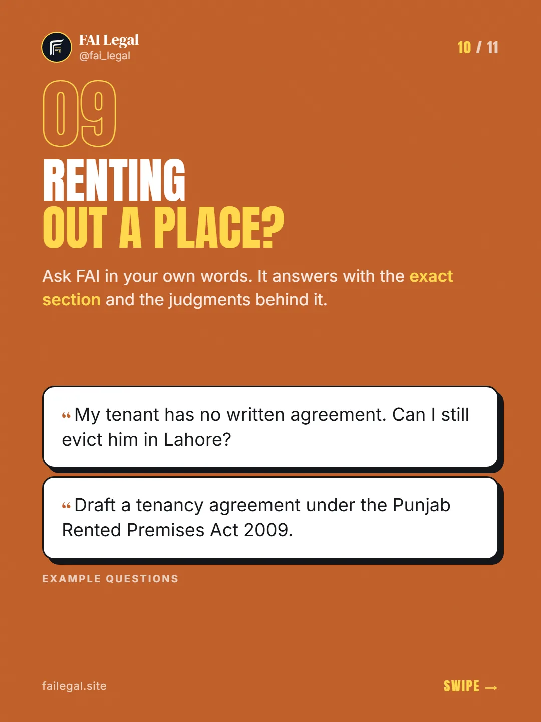 Renting out a place? · Ask FAI in your own words. It answers with the exact section and the judgments behind it. · My tenant has no written agreement. Can I still evict him in Lahore? · Draft a tenancy agreement under the Punjab Rented Premises Act 2009.