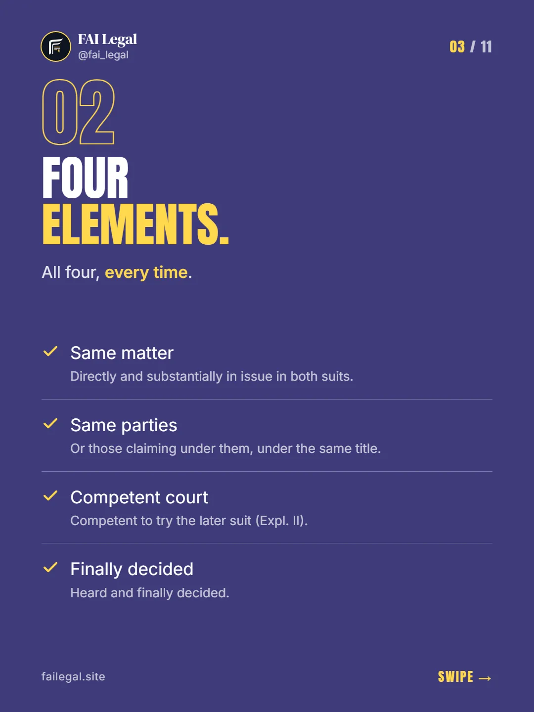 Four elements. · All four, every time. · Same matter · Same parties · Competent court · Finally decided